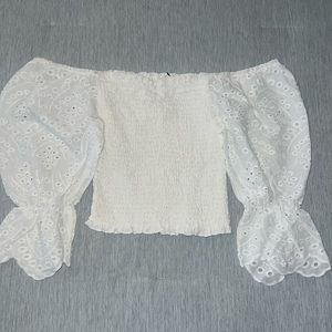 NWT  White Smocked Lace Wide Square Neck Blouse...